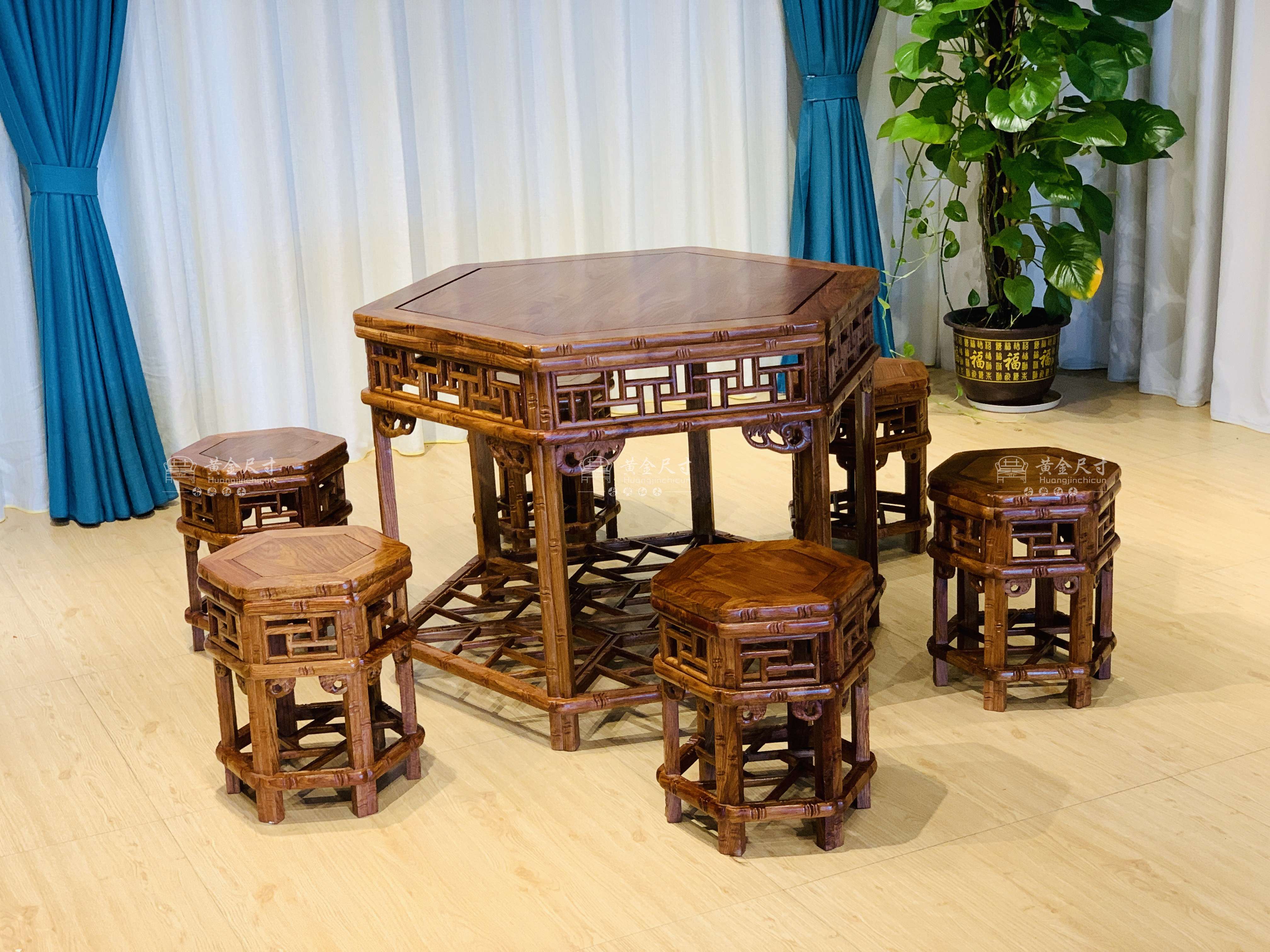 1.1米竹节六角桌+6张竹节凳 &nbsp;A18烫蜂蜡