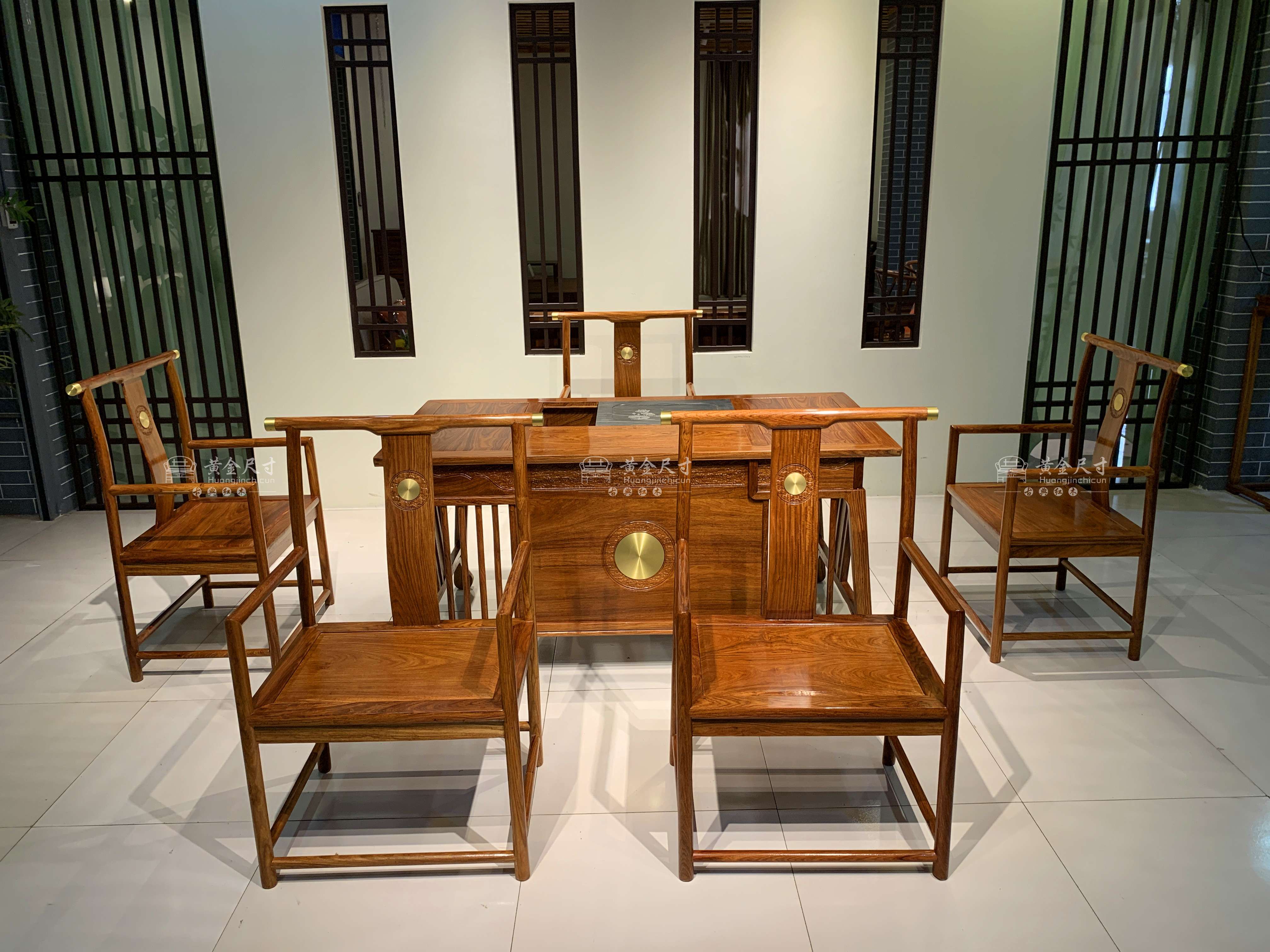 1.53米新中式祥云茶台+5张茶椅 A198蜜蜡